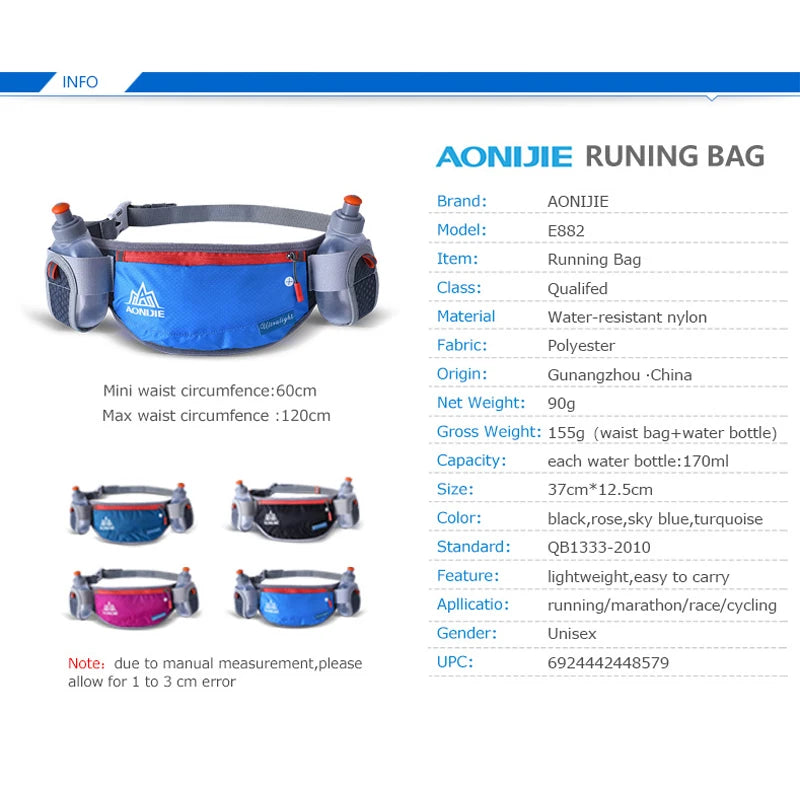 E882 Hydration Belt - Essential Fanny Pack with 170ml Water Bottles for Marathon Jogging & Cycling